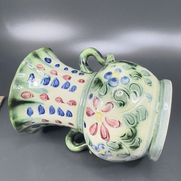 Vintage Japanese Ceramic Vase With Handles Vessel With Majolica Floral Pattern - Picture 8 of 16